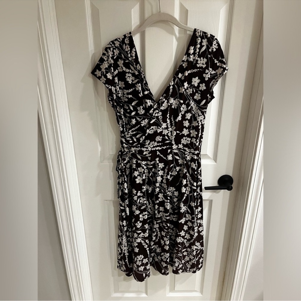 London Times Brown and Cream Floral Short Sleeve Dress